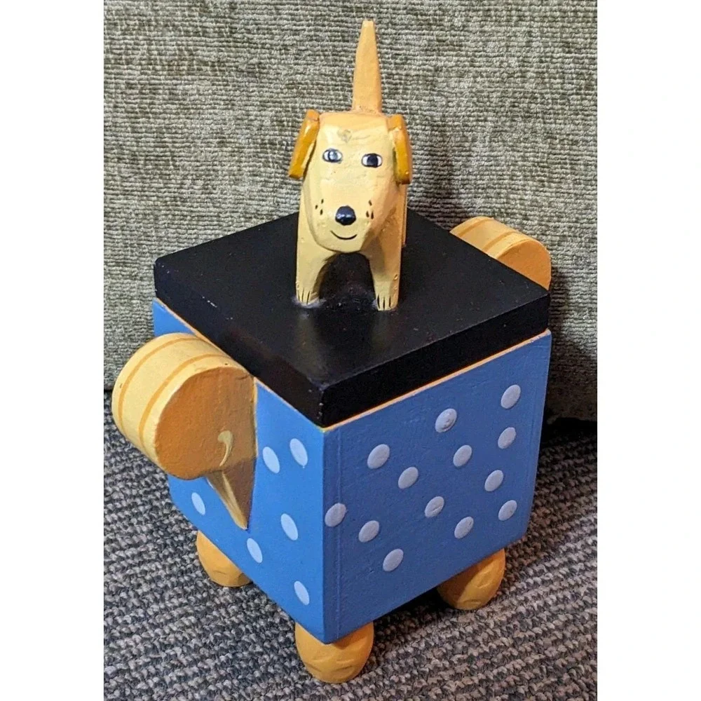 Vtg Wood Trinket Box Yellow Dog Figural Whimsical Hand Painted Susan Ryan 6
